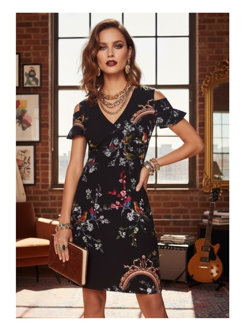 Ted Baker ✿ Keosha Cold Shoulder Shift Dress ✿ Black Opulent Fauna Print ✿ 8 M